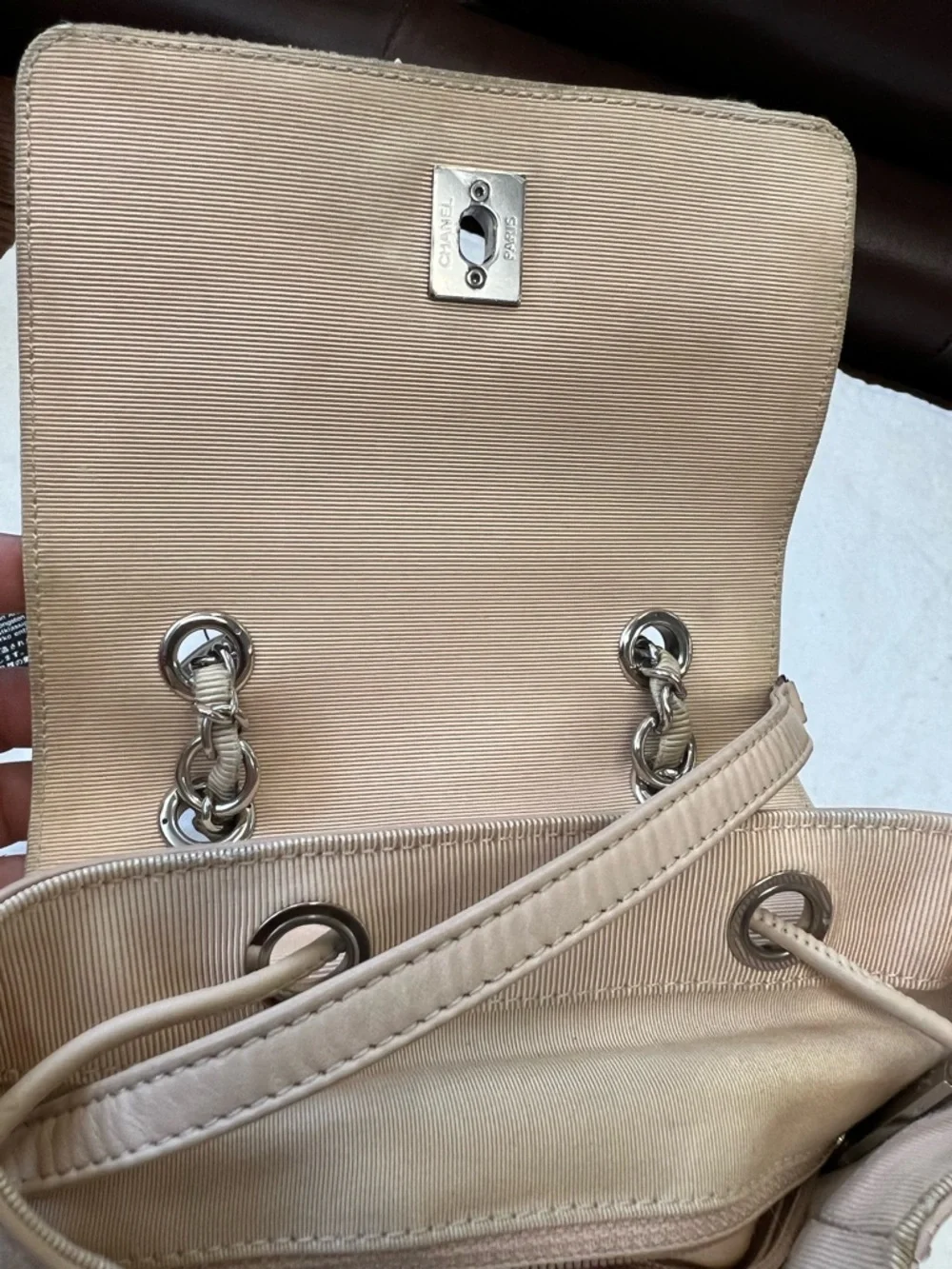 CHANEL Beige Quilted Leather Drawstring Backpack with CC with wallet